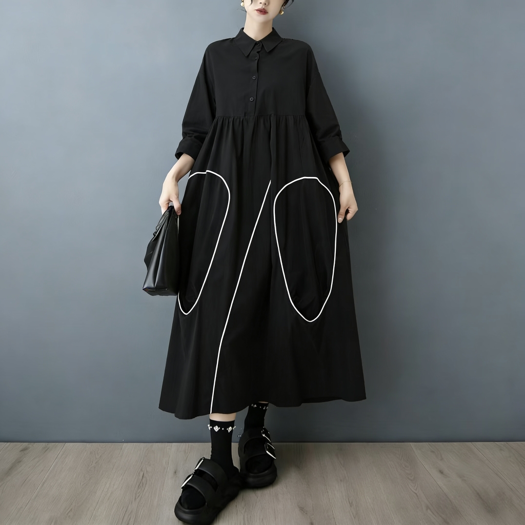 Korean Style A Line Shirt Dress - SuperAen lente- en herfstcollectie: nieuw zwart